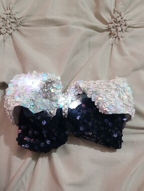 Sequin Bow Hair Clip in Iridescent White and Black